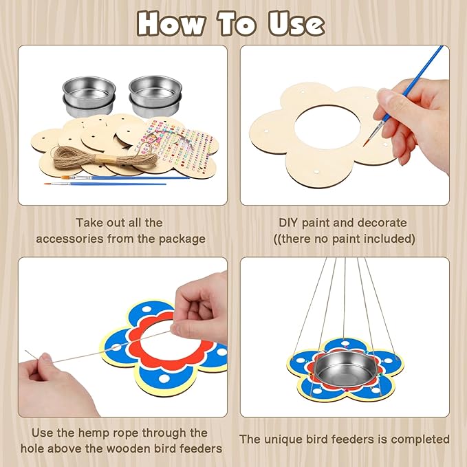 Fennoral 4 Pack Bird Feeder Kits for Kids Make Your Own Bird Feeders Wooden Art and Craft for Girls Boys Ornaments DIY to Paint Craft for Spring Garden Outdoor Decoration Summer Activities Project