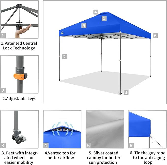 CROWN SHADES Adjustable Height on The Fly, 10x10 Pop Up Canopy - Beach Tent with One Push Setup - Easy Outdoor Sun Shade for Events, Parties, Camping - Outside Shade with STO-N-Go Bag, Blue
