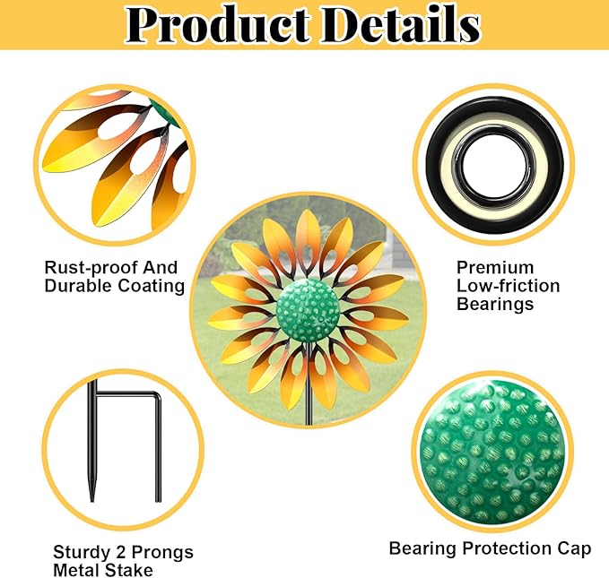 Sunflower Standing Wind Sculpture, Outdoor Wind Spinner with Stake, Metal Windmill for Garden, Lawn Yard Art Decorations (1pcs-Yellow)