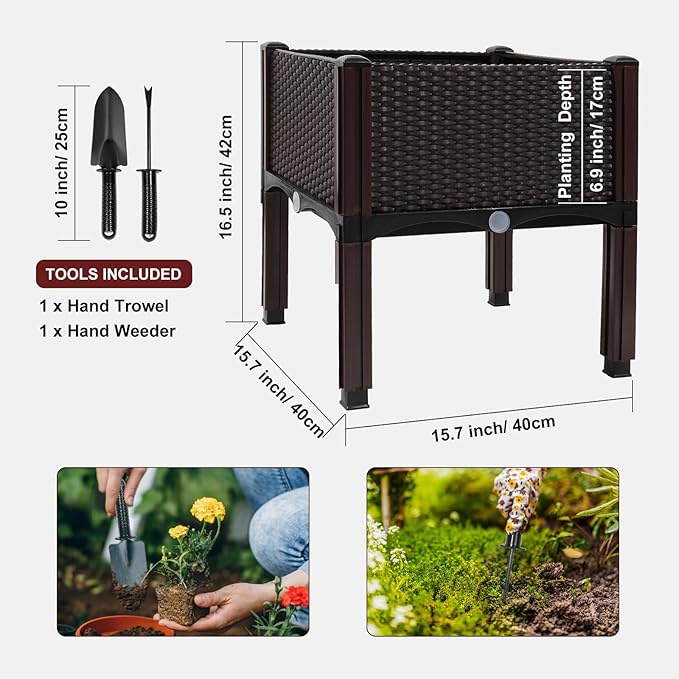 MAYOLIAH Raised Garden Bed with Drainage Elevated Planter Box Plastic Raised Beds for Gardening Vegetables Herb Flowers, Perfect for Indoor Outdoor Planting, 4 Boxes Brown