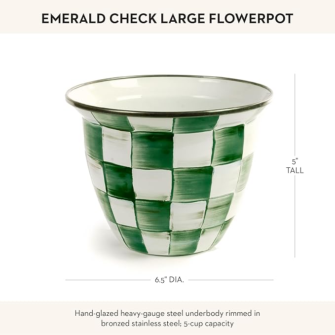 MACKENZIE-CHILDS Flowerpot, Decorative Garden Pot for Growing Plants, Green-and-White Emerald Check