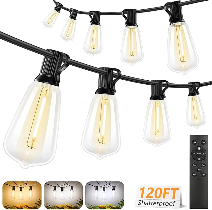 Brightever 3 Color in 1 LED Outdoor String Lights with Remote, 120FT Patio Lights Outdoor Waterproof with 38 Vintage Edison Bulbs, 3 Modes 2 Timer Dimmable String Light for Outside, 2700K/4000K/5000K