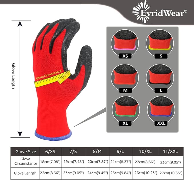 Evridwear Crinkle Latex Rubber Hand Coated Safety Work Gloves for Men Women General Multi Use Construction Warehouse Gardening Assembly Landscaping (S-Size) 12 Pairs Pack