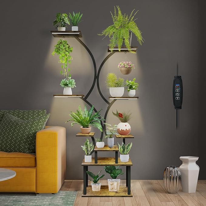 Plant Stand with Grow Lights, 9 Tiered Indoor Plant Shelf, 65” Tall Plant Holder for Indoor Plants Multiple, S-Shaped Metal Corner Plant Rack with Hanger for Home, Patio