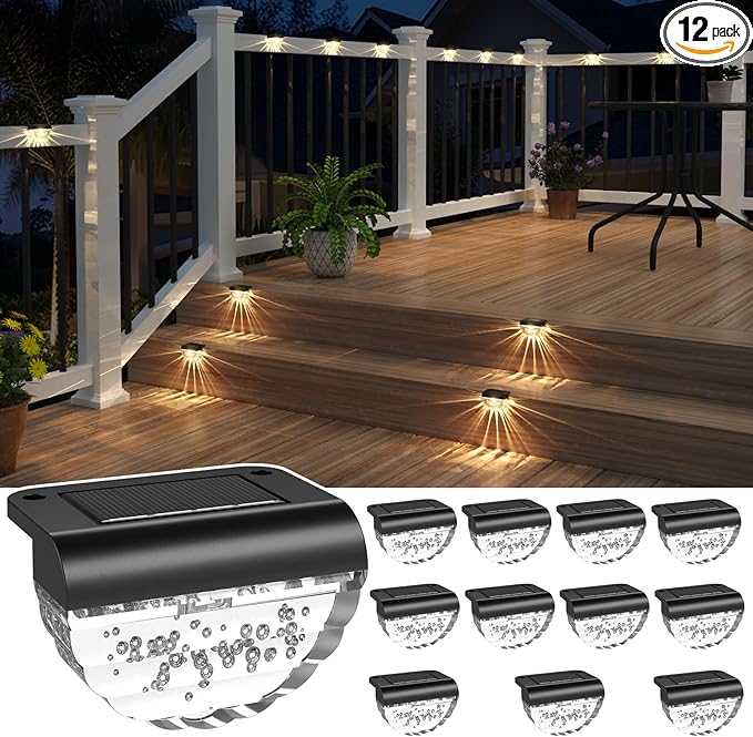 12 Pack Solar Deck Lights Outdoor, Solar Step Lights Waterproof for Outside, Yard, Patio, Garden, Pool, Railing, Stairs, Fence (Warm White)