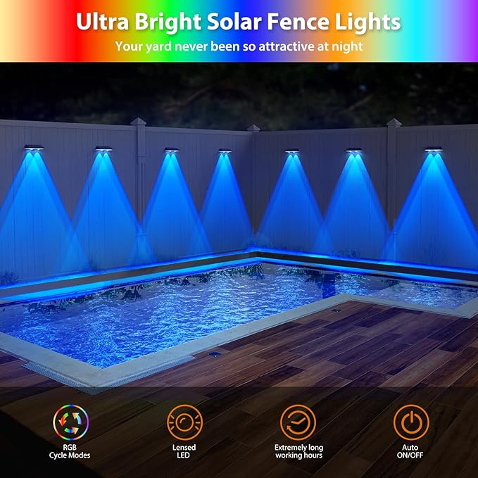 Solar Fence Lights ,RGB & Warm White & 6 Colors Bright Lens LED Dusk to Dawn Deck Light, Fence Solar Lights Outdoor Waterproof, Solar Outdoor Lights for Backyard/Railing/Wall/Step/Patio/Pool (12Pack)