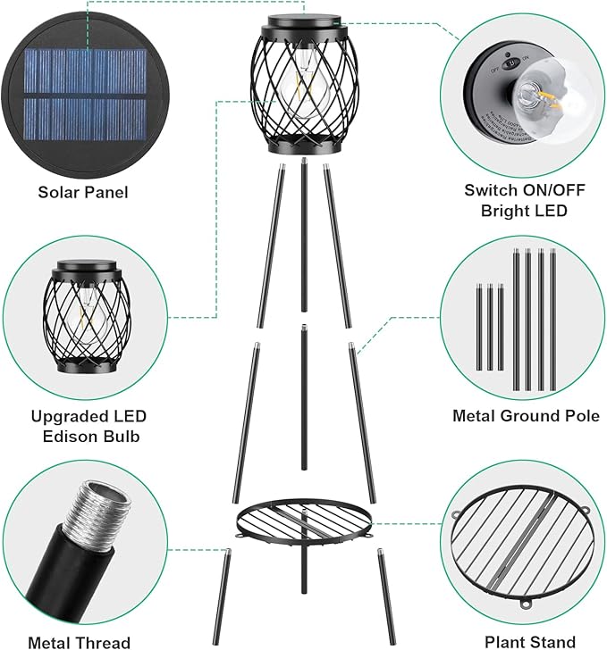 Solar Floor Lamp with Plant Stands，Solar Lights Outdoor with Vintage LED Edison Bulbs, Weatherproof Garden Lights for Pathway, Patio, Yard, 8-10 Hours Lighting, IP55 Waterproof