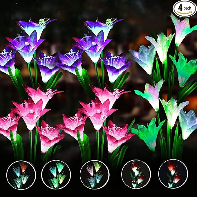ANGMLN 4 Pack Solar Flowers Lights,16 Bigger Head Solar Lily Flowers, 7 Color Changing Pathway Lamps for Garden Patio Yard Party Wedding Holiday Outdoor Garden Stake Decoration(Purple2&White1&Pink1)
