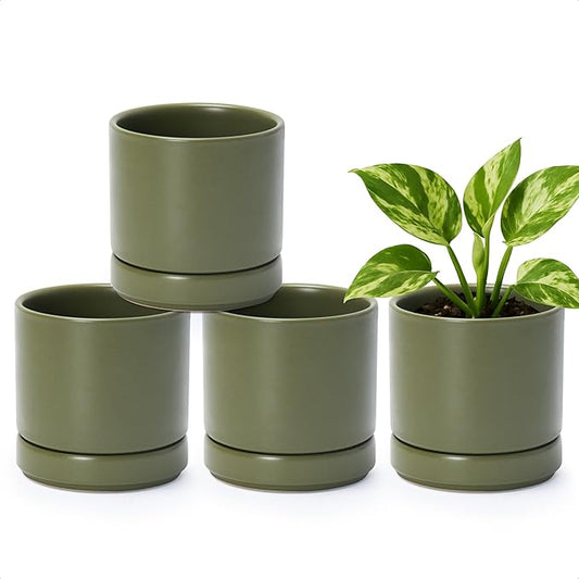 D'vine Dev Set of 4 Small Ceramic Plant Pots, 4.6 Inch Succulent Planter Pot for Plants with Drainage Hole and Saucer, Olive, 94-X-B-0