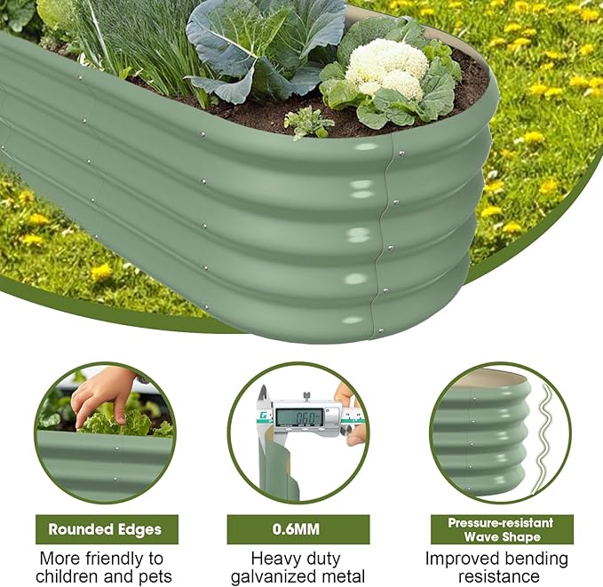 4x2ft Oval Galvanized Raised Garden Bed Kits 16" Tall Outdoor Large Metal Modular Planter Box 9-in-1 Raised Beds for Gardening,Vegetables,Fruits,Flowers & Herbs (Green)