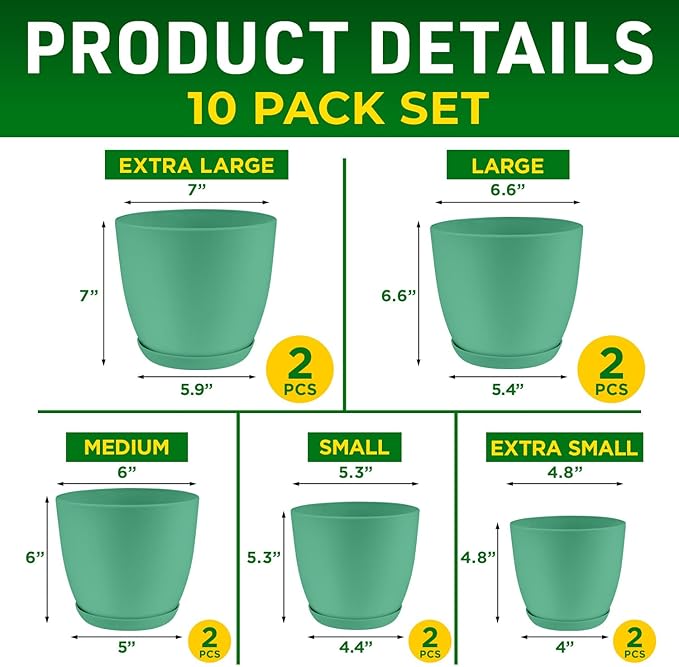 Planter Pots with Drainage Holes - Lightweight, Durable, & Space-Saving Pots for Indoor and Outdoor - Versatile Functionality, Simple Modern Design, Set of 10 Plastic Planter Pots Mint