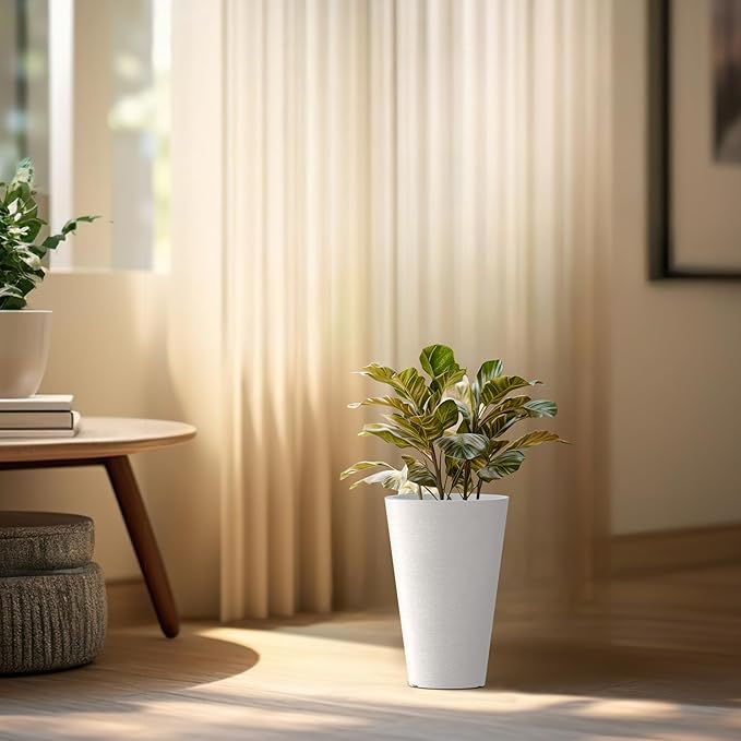 Kante Tall Round Planter Set of 2, 13 Inch Tall Decorative Planter Pots for Outdoor Indoor Garden Patio Front Porch (White)