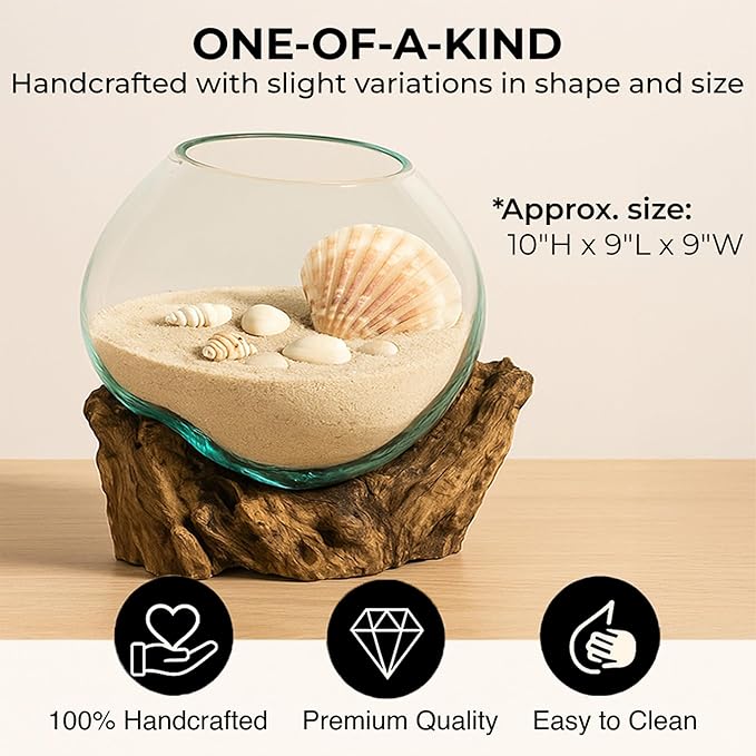 Cape Craftsmen 10" H Hand-Blown Blue Tinted Bubble Glass On Natural Teak Driftwood Terrarium | Home Décor Indoor Planter with Stand | Pot for Succulent and Plants