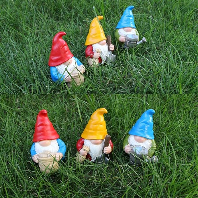 Set of 3 Mini Garden Gnome Statues - Resin Figurines for Indoor and Outdoor Decoration - Whimsical Mini Ornaments for Home, Patio, Yard, and Garden Decor