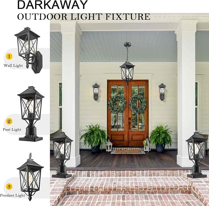 Darkaway Outdoor Pendant Light Fixture, Outdoor Hanging Porch Light with Seeded Glass, Anti-Rust Waterproof Aluminum E26 Socket Lighting for Porch Entryway Doorway