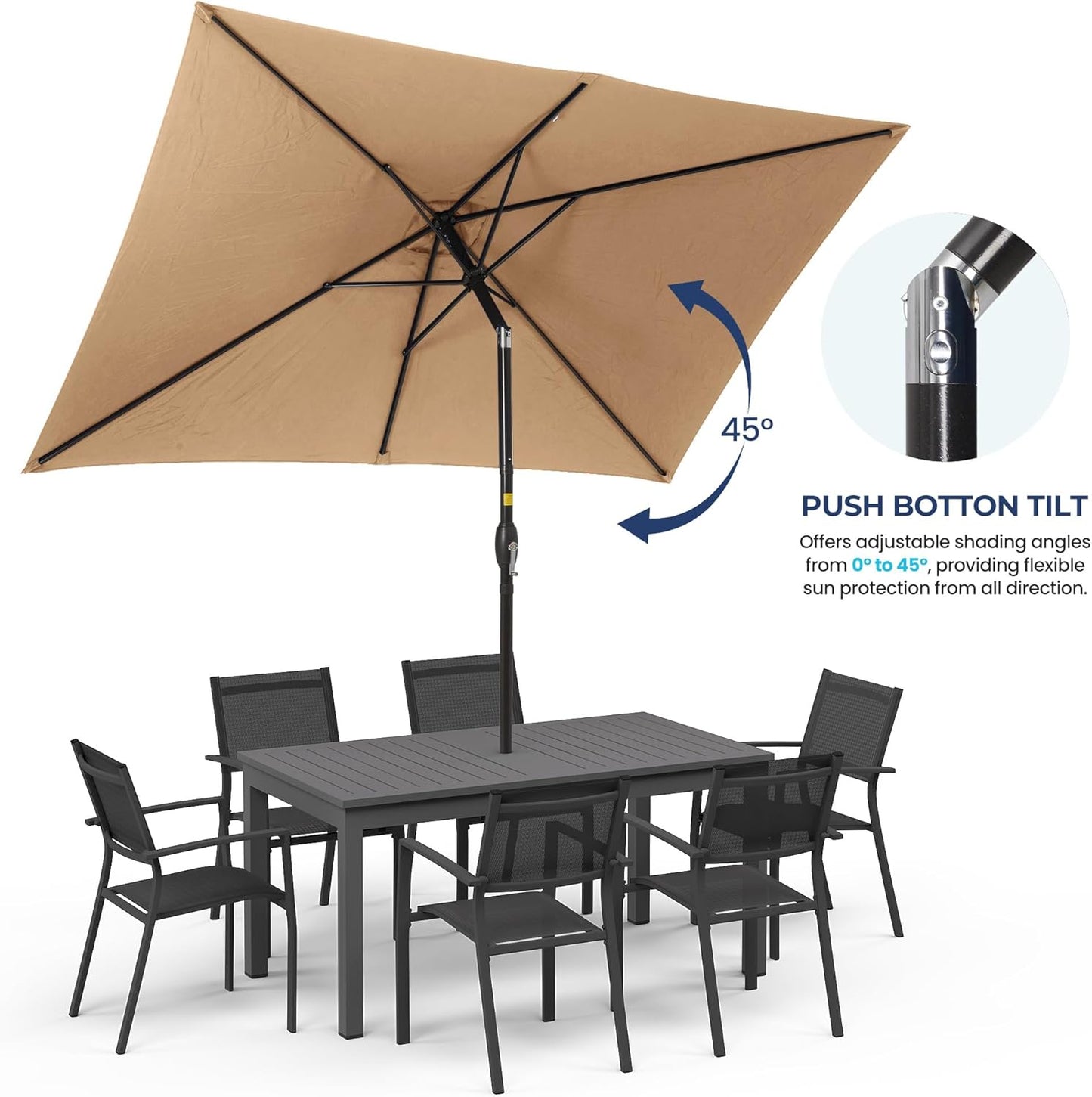 SUNVIVI OUTDOOR Patio Umbrella, 6.5' x 10' Rectangular Patio Umbrella, Metal Pole Square Outdoor Umbrella with Crank and Push Button Tilt, 6 Steel Ribs, Polyester Canopy