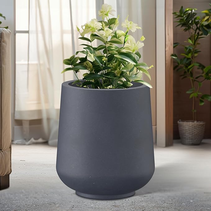 Kante 15.3" Dia Round Concrete Planter, Outdoor Indoor Large Plant Pots Containers with Drainage Hole and Rubber Plug for Home Garden Patio, Dark Gray