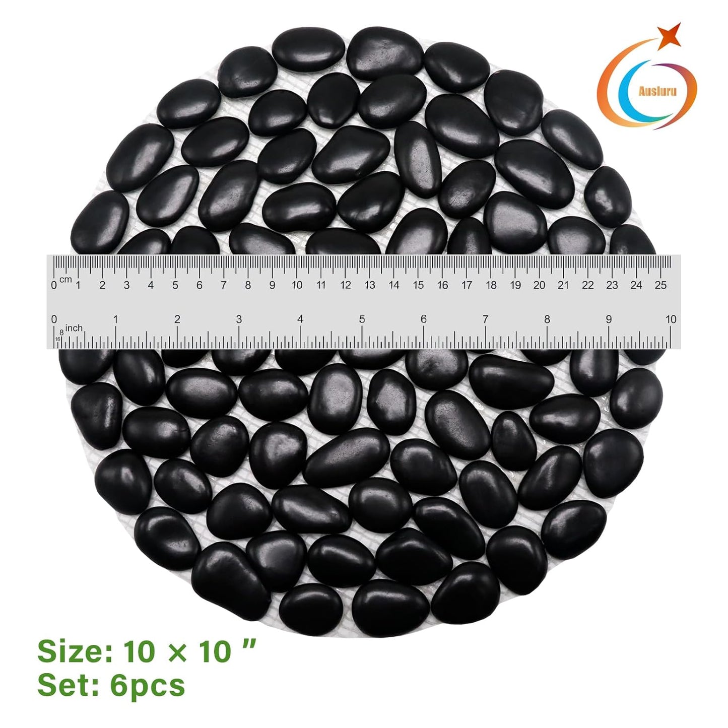 10in River Rock Stepping Stones Set - 6 Pack | Polished Pebble | Long-Lasting PVC Mesh Backing | Perfect for Garden Paths and Lawns Outdoor Landscaping Decoration | Black Circle