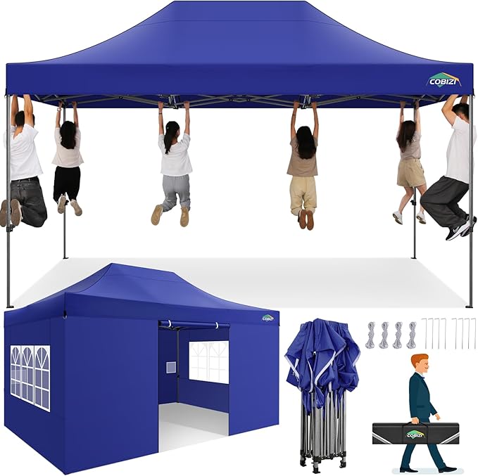 COBIZI 10x15 Pop up Canopy Heavy Duty Tent with 4 sidewalls Commercial Outdoor Canopy Event Tents All Season Wind & Waterproof Gazebo with Carry Bag, Dark Blue(Frame Thickened)