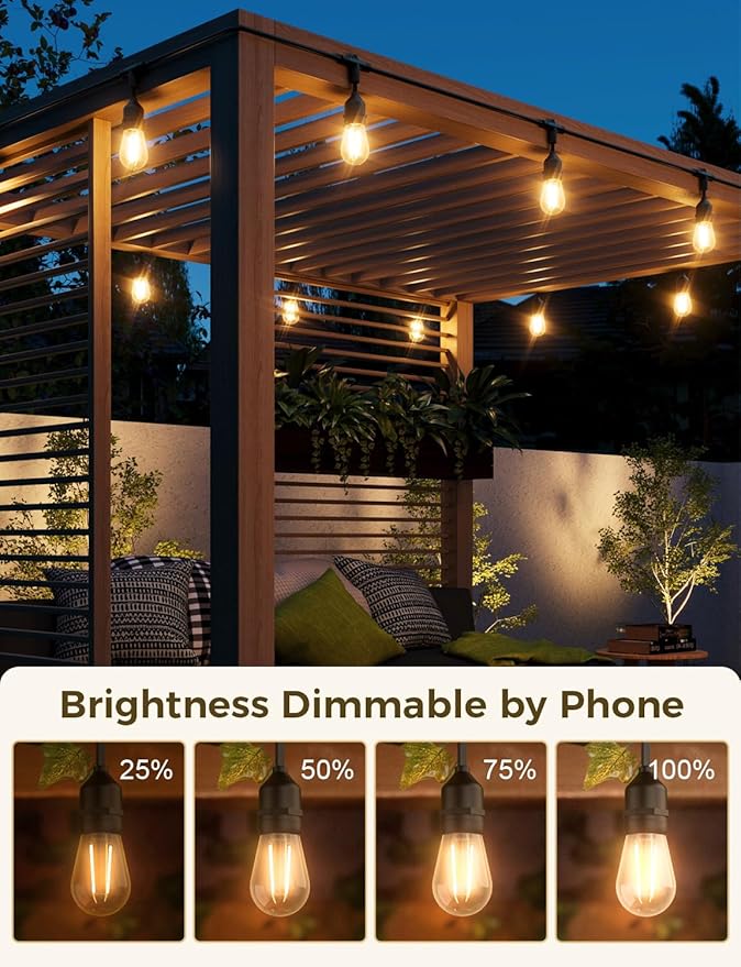 XMCOSY+ Smart Patio Lights 49Ft LED Outdoor String Lights Waterproof IP65, App Control, Compatible with Alexa, Dimmable Edison Bulbs Outdoor Light for Yard Porch Bistro Outside