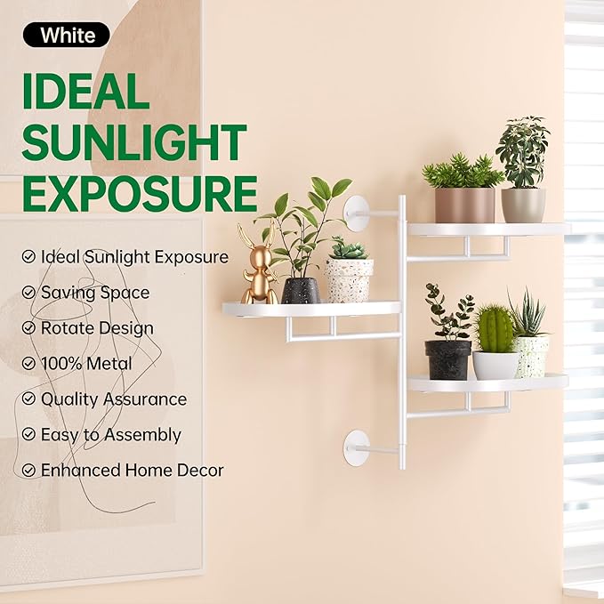 Rotating Window Plant Shelves for Multiple Plants Indoors,3-tier Metal Corner White Plant Stand Holder Floating Plant Shelf for Wall，Windows Sill Gifts for Plant Lovers to Enhance Home Decor