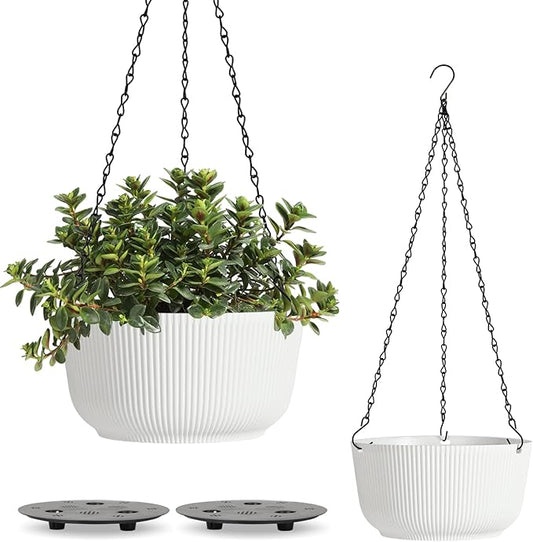 T4U Hanging Planter Self Watering 8 Inch, 2 Pack White Indoor Outdoor Hanging Plant pots, Hanging Flower Pot with Drainage Hole & Plug & Chain with 3 Hooks for Garden Home Decor