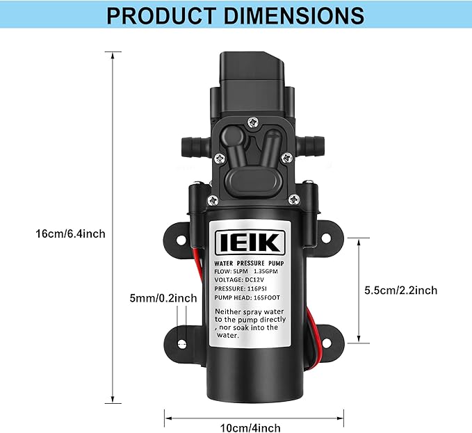 12 Volt Diaphragm Pump 5LPM 1.35 GPM 116PSI Self Priming Sprayer Pump 12V DC Fresh Water Diaphragm Pressure Pump for RV Camper Marine Boat Lawn (60W)