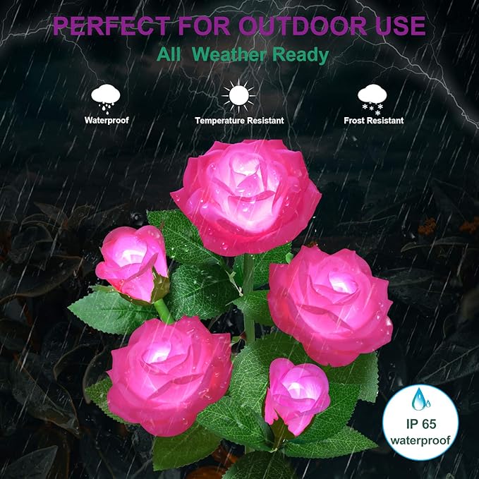 Solar Flower Lights Outdoor - Upgraded New Material Two Modes Realistic LED Solar Powered Waterproof Lights with 5 Roses, Solar Decorative Stake Lights for Garden (Pink, 1 Pack)