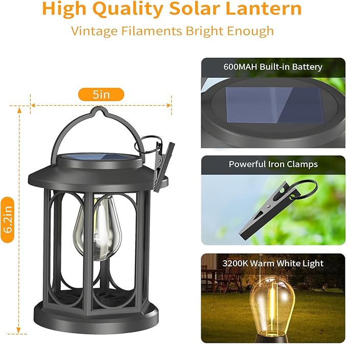 Solar Lanterns Outdoor Waterproof,Hanging Solar Lights for Outside with Built-in Bulb,Outdoor Lantern Decor for Porch,Patio,Garden,Suitable for Daily Lighting or Festive Decoration,2 Pack