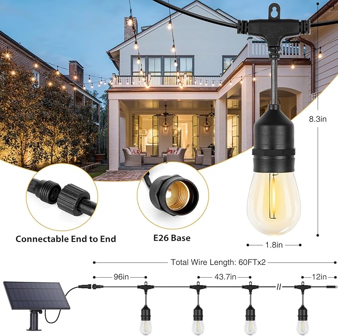 ZJOJO Solar String Lights Outdoor Waterproof 120FT,Solars Light Outdoor with 30 Shatterproof Bulbs IP65, Patio Lights SolarPowered &USB Port, LED String SolarLights for Outside Decor