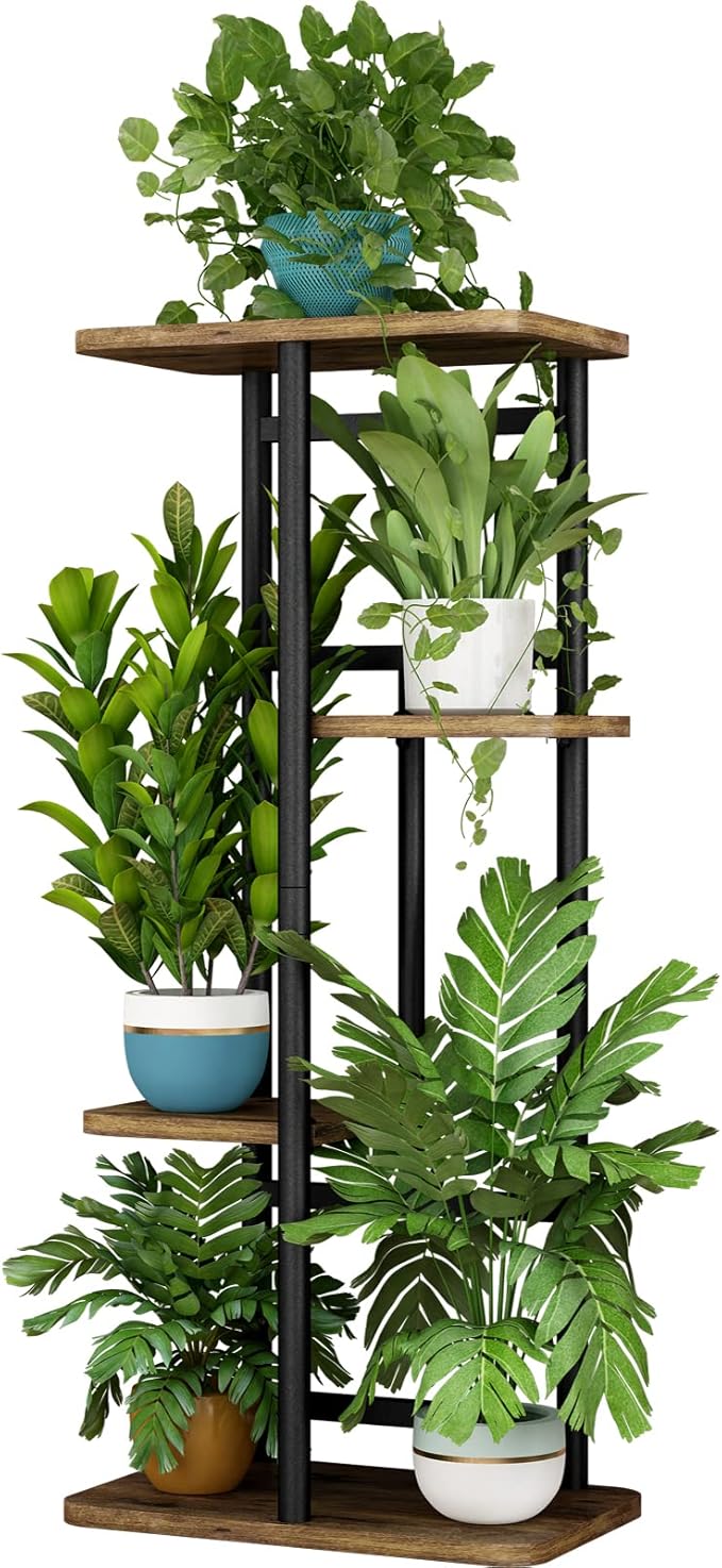 LINZINAR Plant Stand 4 Tier 5 Potted Indoor Plant Shelf Multiple Stands for Garden Corner Balcony Living Room (4 Tier 5 Potted, Black)