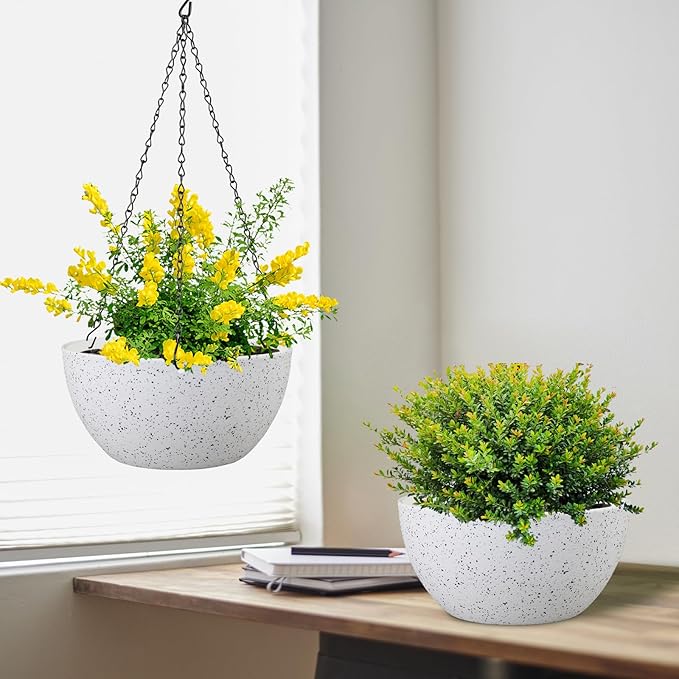 10 inch Hanging Planters for Indoor Outdoor Plants, 2 Pack Hanging Flower Pots with Drainage Holes and Chain for Garden Porch, Plastic Hanging Baskets for House Plants, Speckled White