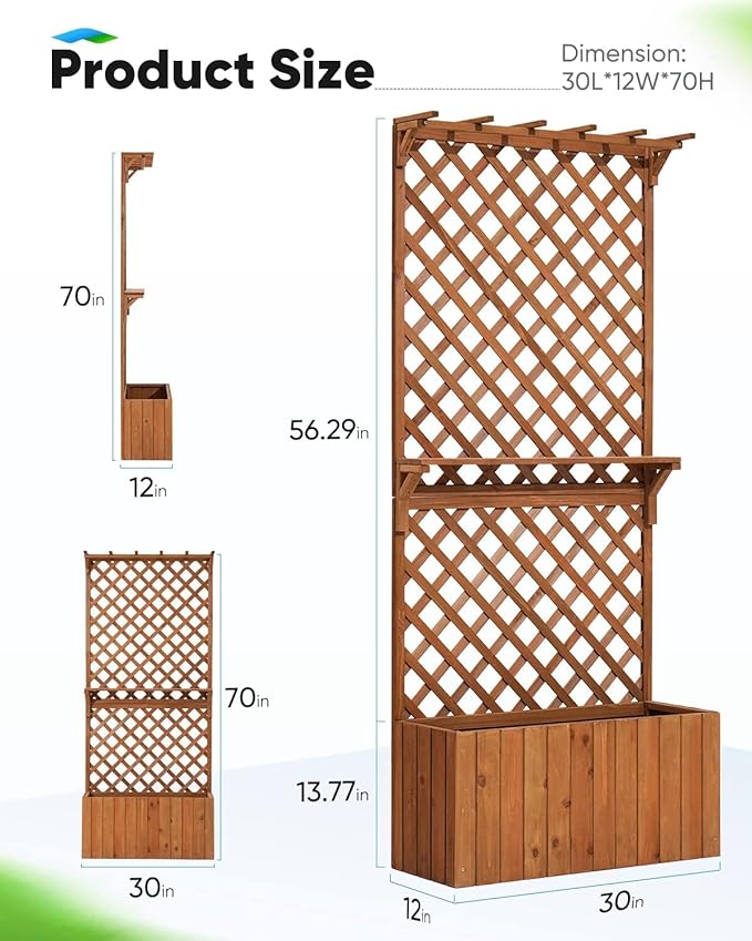 Quictent Raised Garden Bed Wood Planter Box with Lattice Trellis for Vine Climbing Plants Flower Free-Standing, for Patio Garden Indoor Outdoor 29x12x70 in