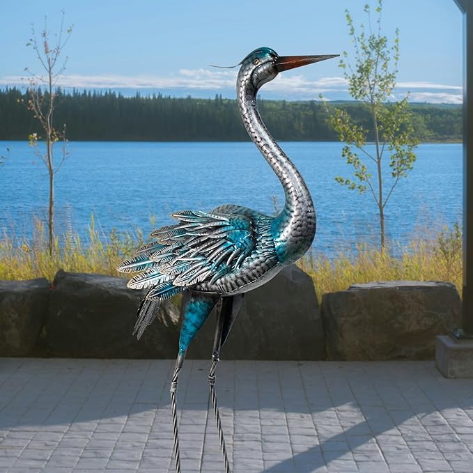 Crane Garden Decor Statue, Blue Heron Garden Statue Metal Yard Art Outdoor Decoy, Garden Sculptures & Statues for Yard/Garden/Lawn/Pond/Outdoor Decoration, 1Pc