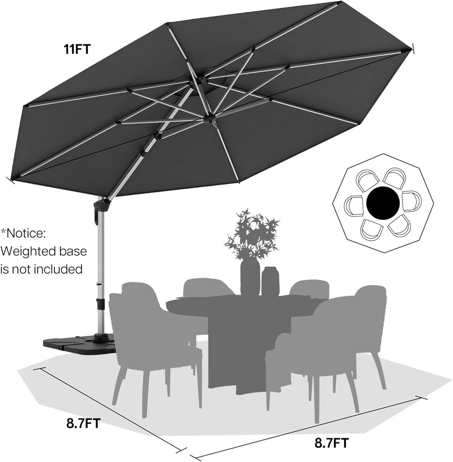 Patio Umbrella, 11FT Outdoor Cantilever Umbrella with 360-degree Rotation for Garden, Deck, Backyard, Pool and Beach, Grey