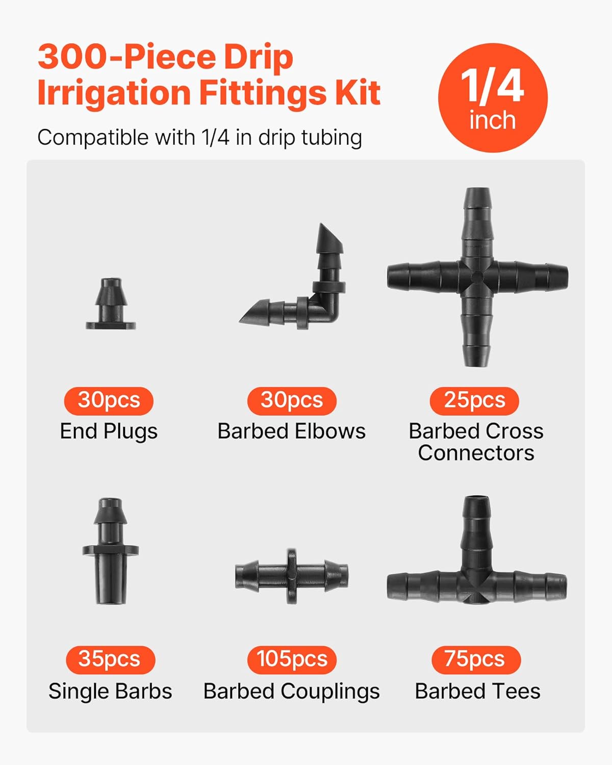 VEVOR Drip Irrigation Fittings Kit for 1/4" Tubing, 300 Pcs Drip Irrigation System Parts, Tees, Straight Barb, 4 Way Coupling, Elbows, End Plug, Single Barbs, Barbed Connectors for Yard Garden Lawn