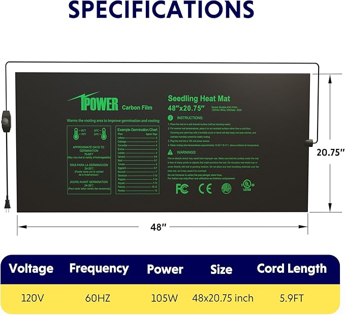 iPower 48" x 20.75" Seeding Heat Mat with Thermostat Temperature Adjustable Knob, Warm Hydroponic Indoor Gardening Plant Germination Pad,