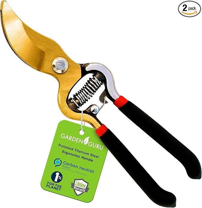 GARDEN GURU Indestructible Titanium Garden Clippers - Professional Bypass Hand Pruner Pruning Shear with Comfort Grip Handles for Gardening, Trimming, and Yard Work - Hardened Steel & Titanium Blade