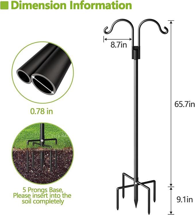 Double Shepherds Hooks for Outdoor, Heavy Duty Bird Feeder Pole with 5 Prong Base, Adjustable Shepards Hook for Outside, Garden, Weddings, Hanging Plant, 2 Pack