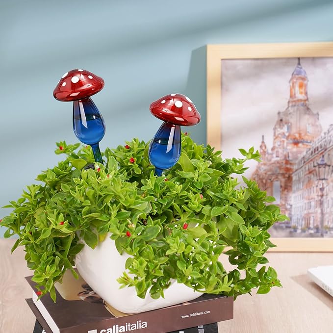 NiHome Mushroom Spike Self-Watering Bulb 2-Pack 10" Long Gradient Red Blue Hand-Blown Glass Globe Pot Plant Waterer for Home Indoor Outdoor Garden Patio Hanging Flower Automatic Irrigation System