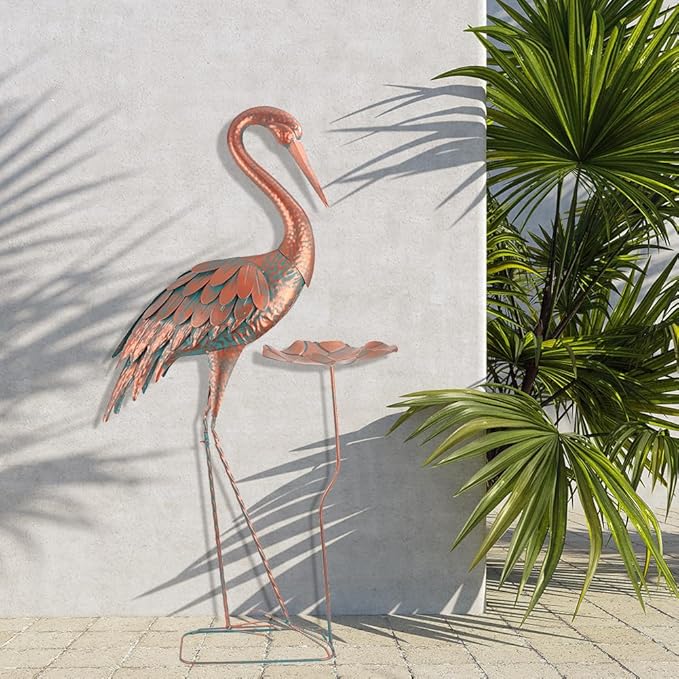 42'' Crane Garden Statue, Heron Outdoor Statue & Sculpture with Lotus Leaf, Metal Heron Yard Art Decor for Garden, Yard, Lawn, Pond (Brown & Blue)