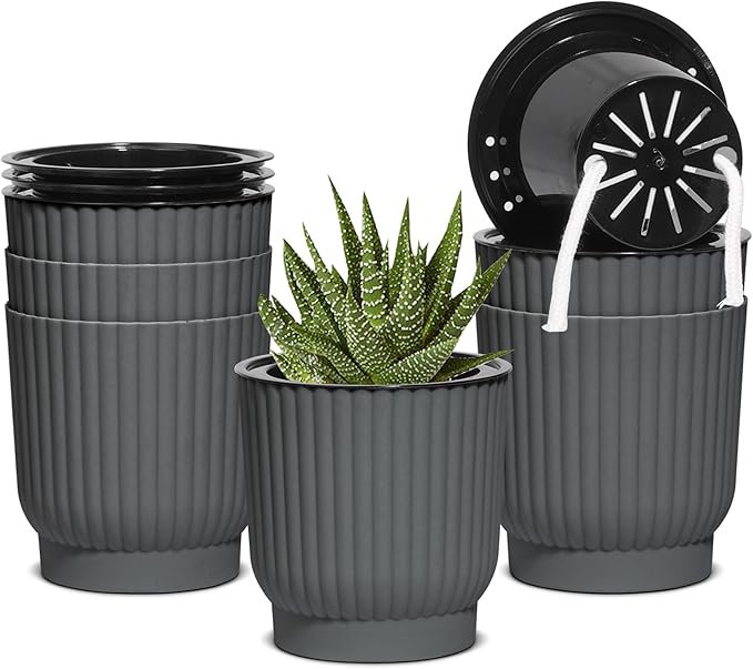 T4U African Violet Pots, 4 Inch Self Watering Pots for Indoor Plants, 6 Pack Small Planters, Durable Charcoal Gray Plastic Small Pots for Indoor Plants, Flower