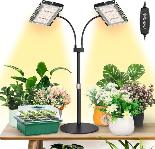 LBW Plant Grow Light, Full Spectrum Dual Heads Desk Plant Light for Indoor Plants, Growing Lamp with 3H/6H/12H Timer, 6-Level Brightness, 3 Lighting Modes, Height Adjustable, Ideal for Indoor Growth