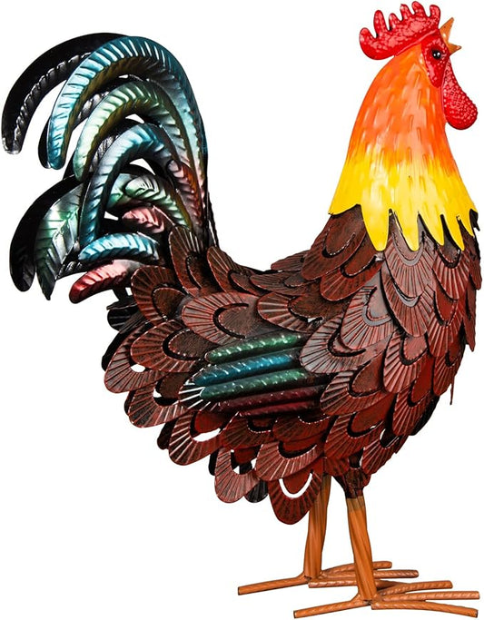 XONOR Metal Rooster Statues, Garden Chicken Decorations, Outdoor Chicken Sculpture, Metal Yard Rooster Artwork for Outdoor, Patio, Backyard and Home Kitchen Decoration (1pc, Red Brown)