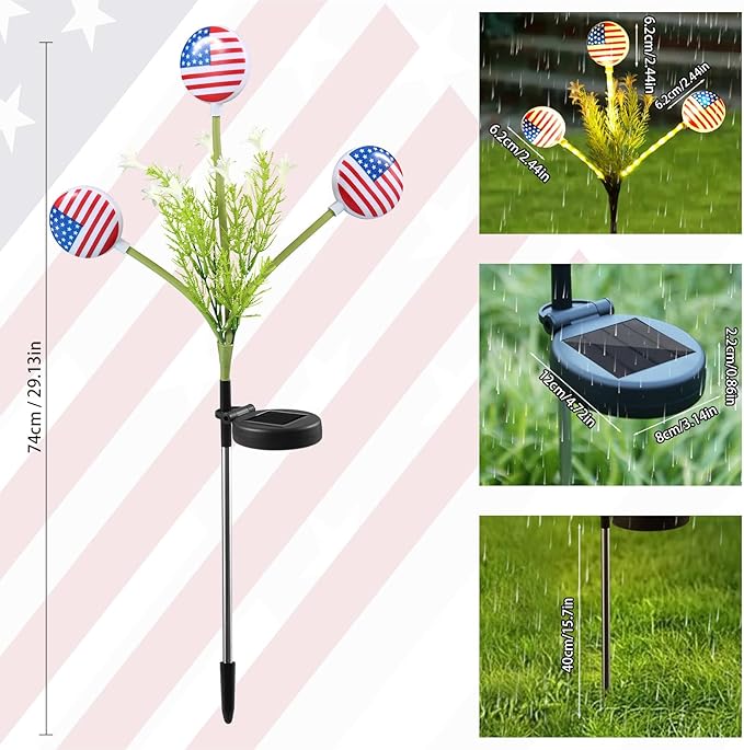 Solar Lights Outdoor Waterproof, 2 Pack American Flag Garden Lights for Yard,Garden,Patio,Pathway Decoration, Landscape Ambient Lighting for Festival,Holiday,Party,Christmas Gifts New Year Decorations