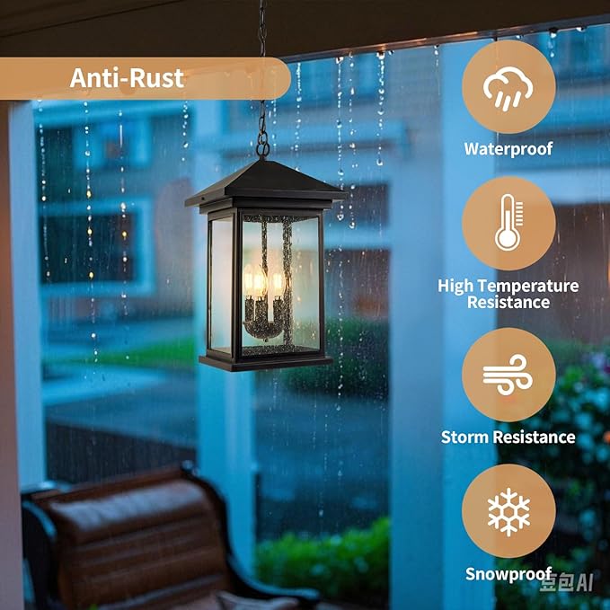 Classic Outdoor Hanging Lantern – Weather-Resistant, Stylish, Matte Black Finish, Clear Seeded Glass and Functional, Extra Large Size