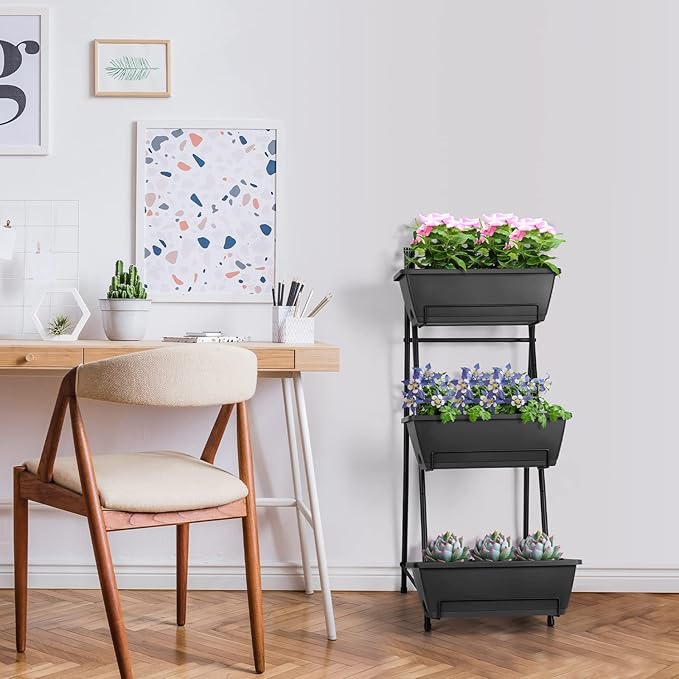Vertical Garden Planter 3 Tier Raised Garden Bed Freestanding Elevated Raised Planter Boxes Outdoor Herb Planter Stand with Removable Tray on Patio Balcony Porch Grey