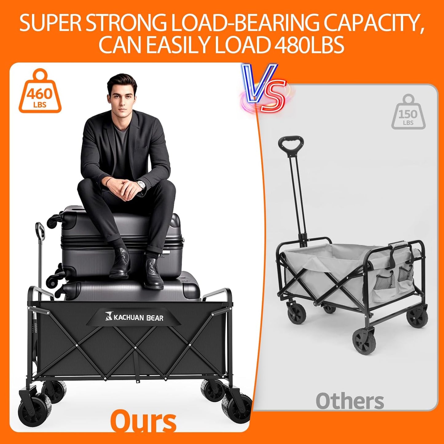 300L Large Collapsible Wagons Carts with Big All-Terrain Beach Wheels, Foldable Shopping Wagon Cart, Heavy Duty 480lbs Load, Folding Utility Cart for Groceries Garden Sport (Black)