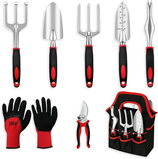Gardening Tool Set, 8 Pieces Aluminum Heavy Duty Gardening Kit with Ergonomic Handles, Gardening Bag, Ideal Gardening Tool Set - Gifts for Men and Women