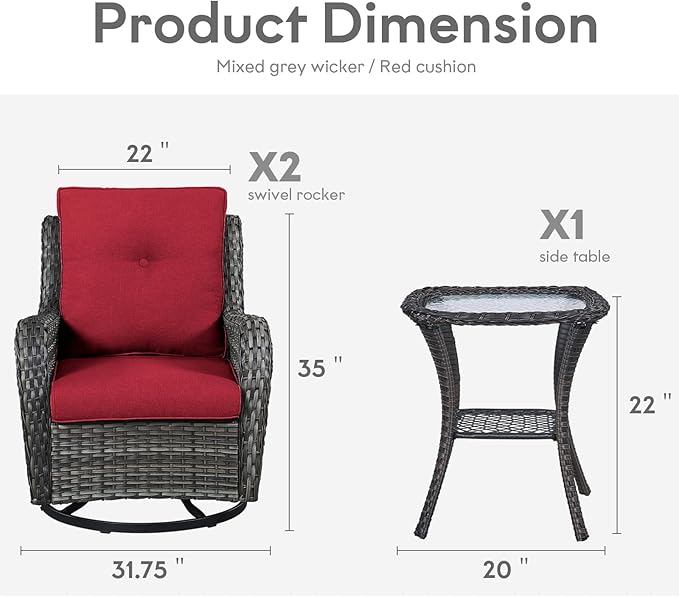Outdoor Swivel Rocker Wicker Chairs Set of 3, High Back Swivel Patio Chairs Wicker Furniture Set, 2 PCS Rattan Swivel Rocking Chair with Side Table, Red Cushion